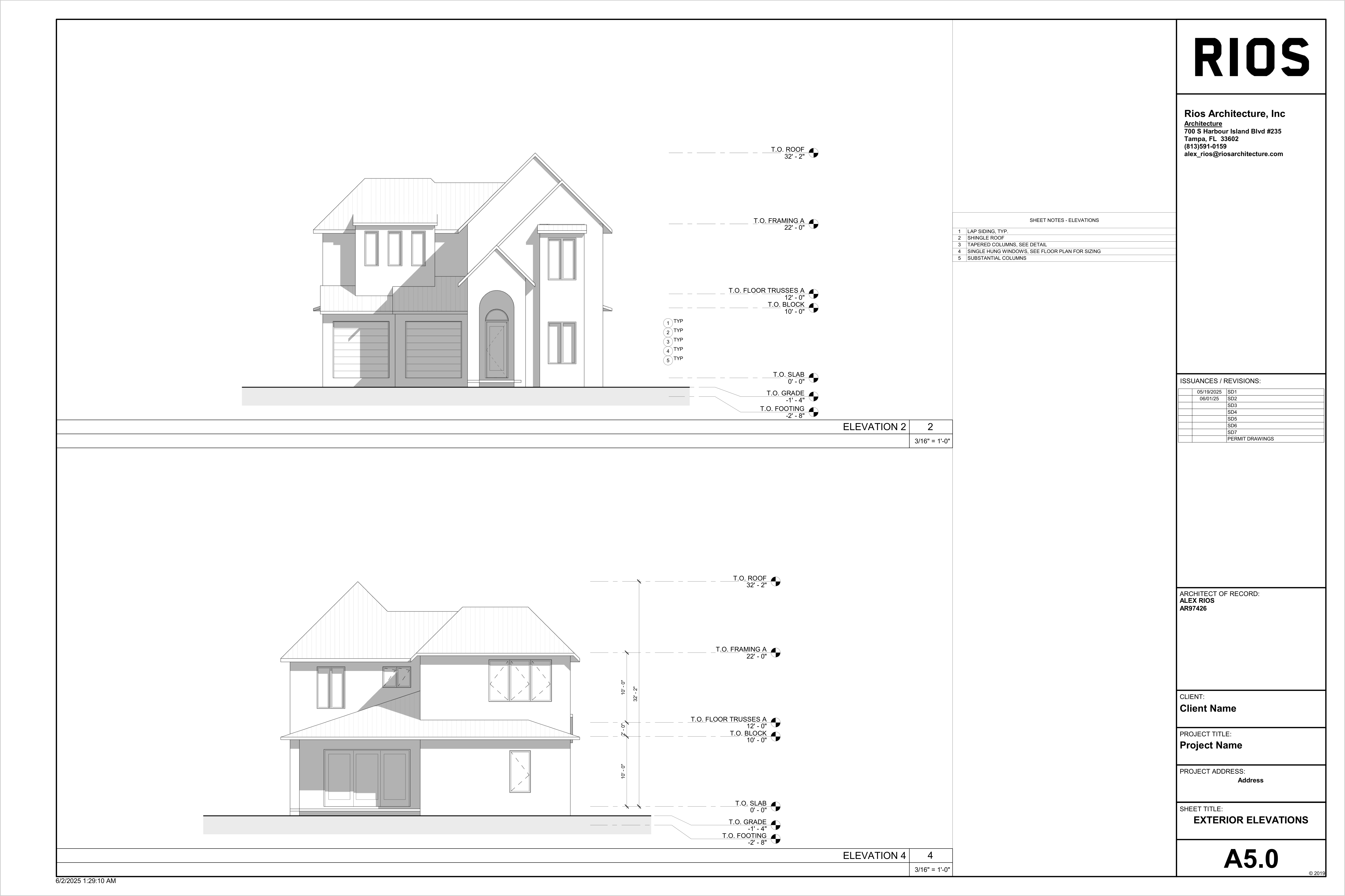 Exterior Elevations — East & West